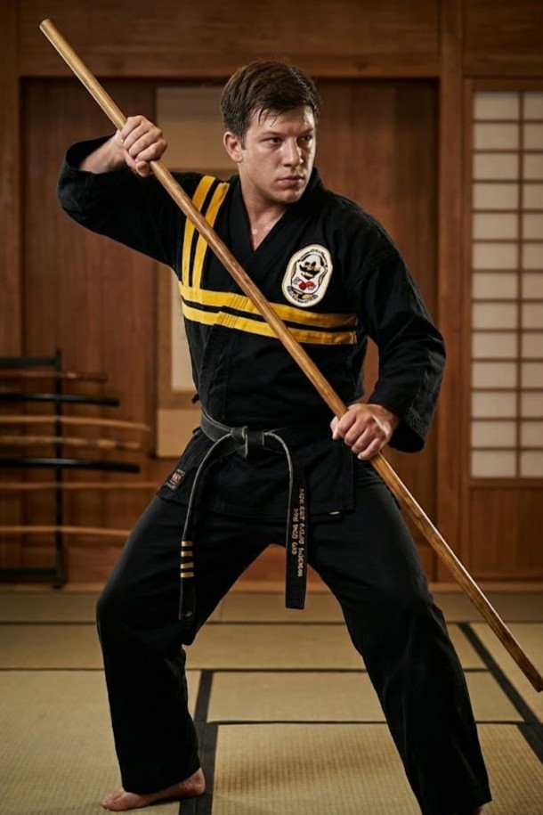 Maestro haciendo forma con un baston largo (bo)