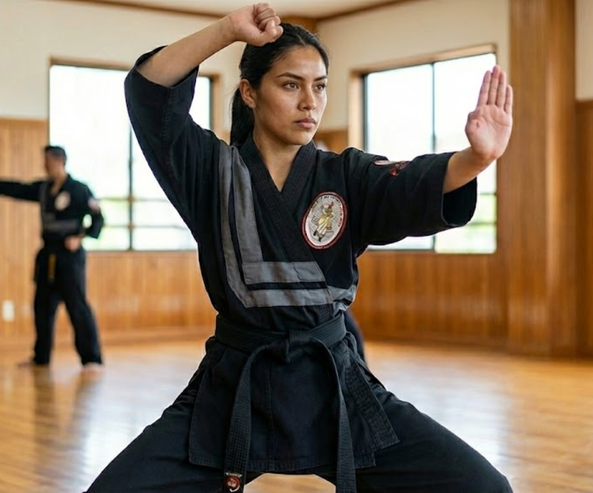Muchacha haciendo el saludo de lima lama